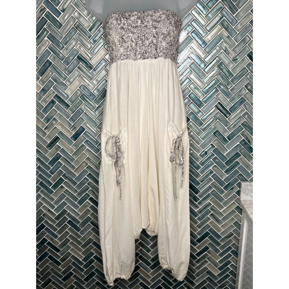 WOMENS‎ BLACK OFF WHITE SHEER AIRY FLOWY BOHO STRAPLESS HAREM ROMPER JUMPSUIT OS